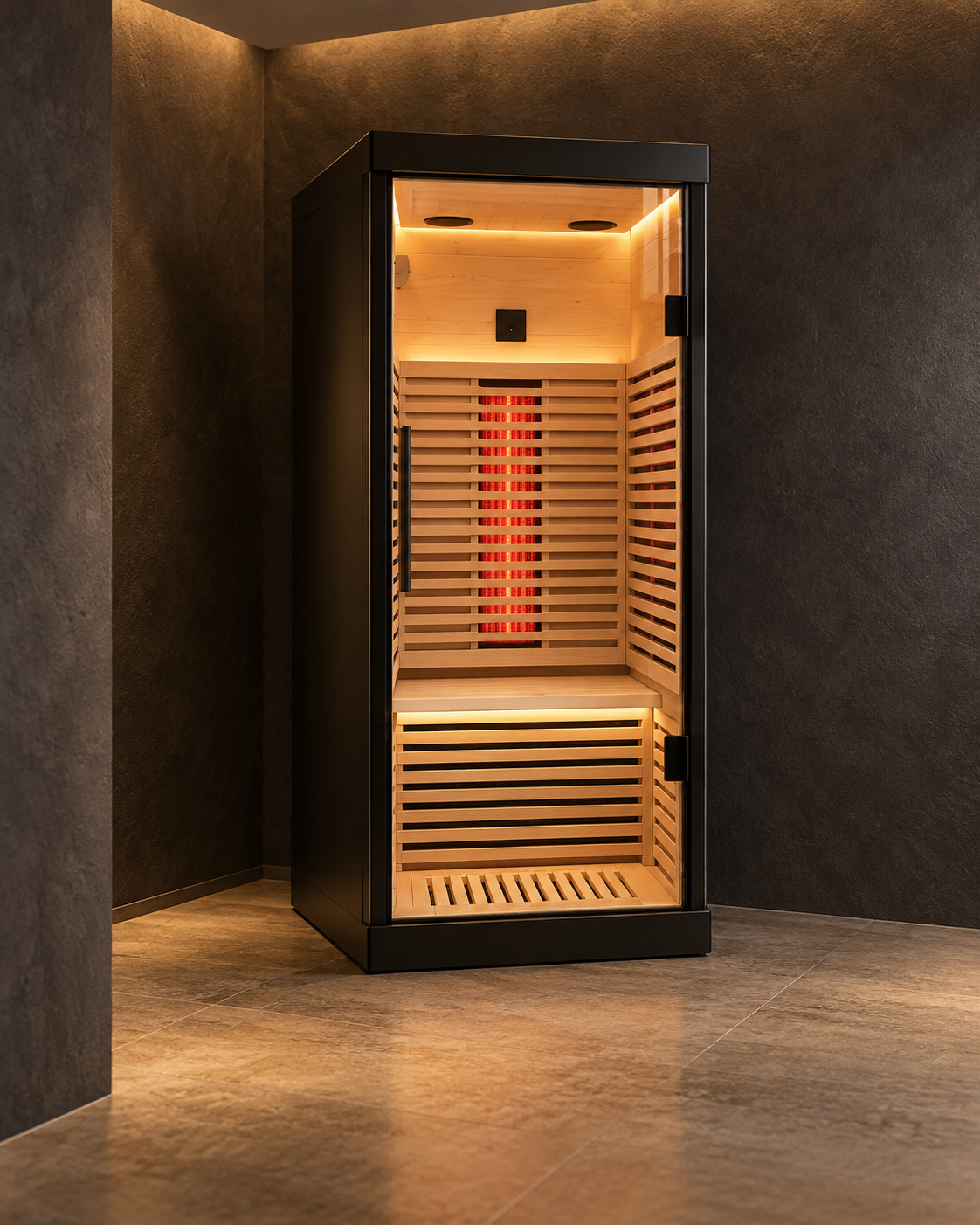 Concept visual of a one-person infrared sauna in a softly lit recovery room